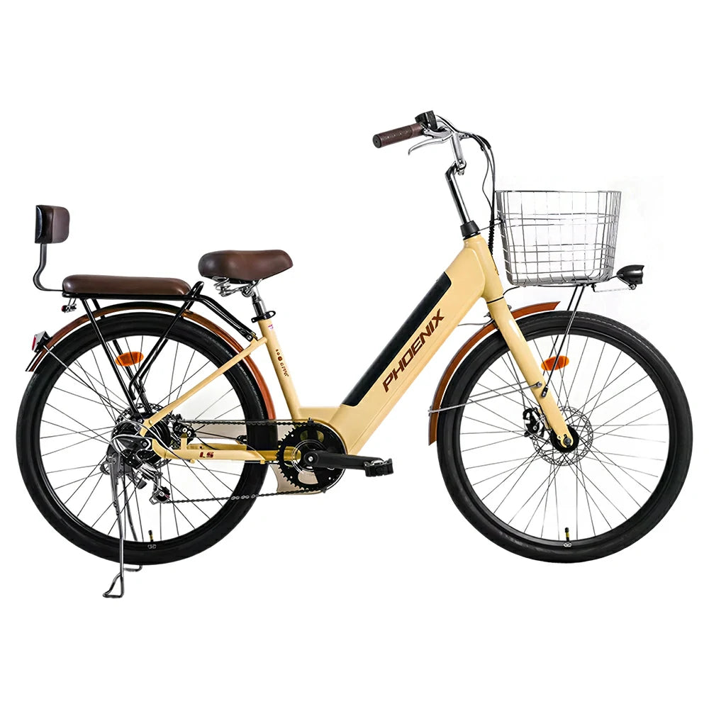 VOLTUS 26-Inch Electric Bike, 36V350W Motor, Shimano 7-Speed Gears, High Carbon Steel Frame, Spoked Wheels, Removable Mid Battery with Rear Seat - Beige