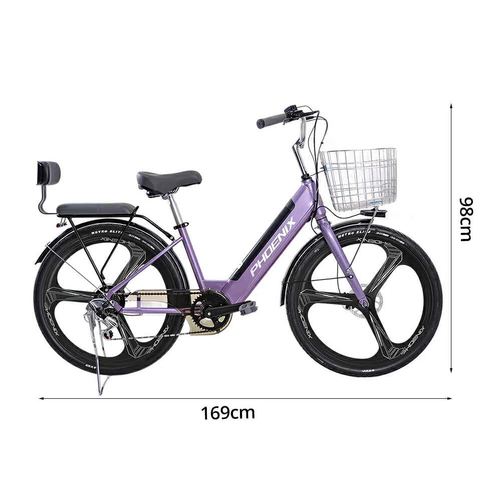 VOLTUS 26-Inch Electric Bike, 48V400W Motor, Shimano 7-Speed Gears, High Carbon Steel Frame, One-Piece Wheels, Removable Mid Battery with Rear Seat - Purple