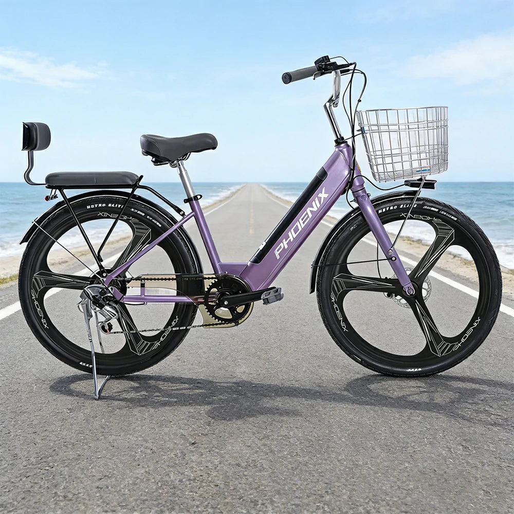 VOLTUS 26-Inch Electric Bike, 48V400W Motor, Shimano 7-Speed Gears, High Carbon Steel Frame, One-Piece Wheels, Removable Mid Battery with Rear Seat - Purple