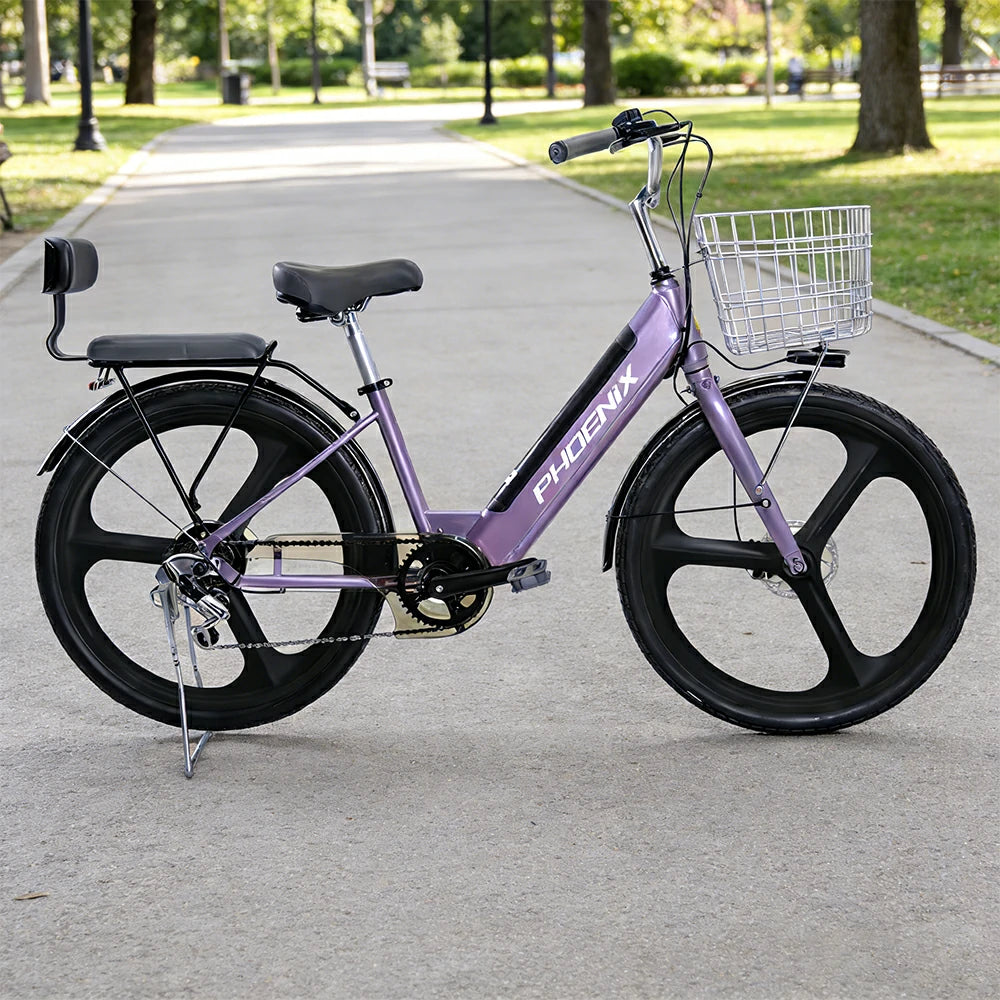 VOLTUS 26-Inch Electric Bike, 48V400W Motor, Shimano 7-Speed Gears, High Carbon Steel Frame, One-Piece Wheels, Removable Mid Battery with Rear Seat - Purple