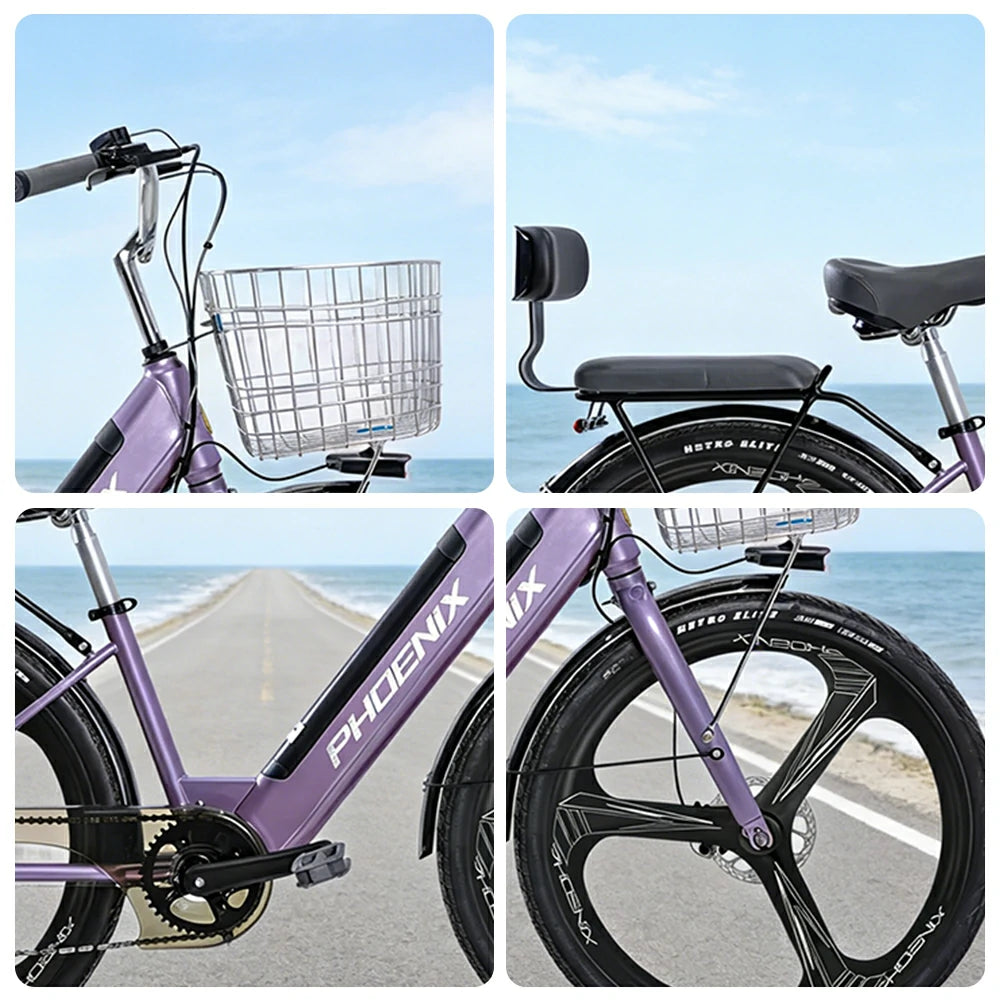 VOLTUS 26-Inch Electric Bike, 48V400W Motor, Shimano 7-Speed Gears, High Carbon Steel Frame, One-Piece Wheels, Removable Mid Battery with Rear Seat - Purple