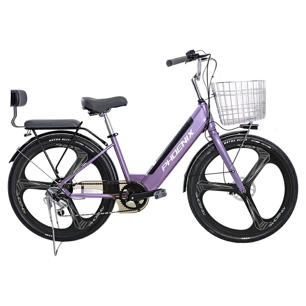 VOLTUS 26-Inch Electric Bike, 48V400W Motor, Shimano 7-Speed Gears, High Carbon Steel Frame, One-Piece Wheels, Removable Mid Battery with Rear Seat - Purple