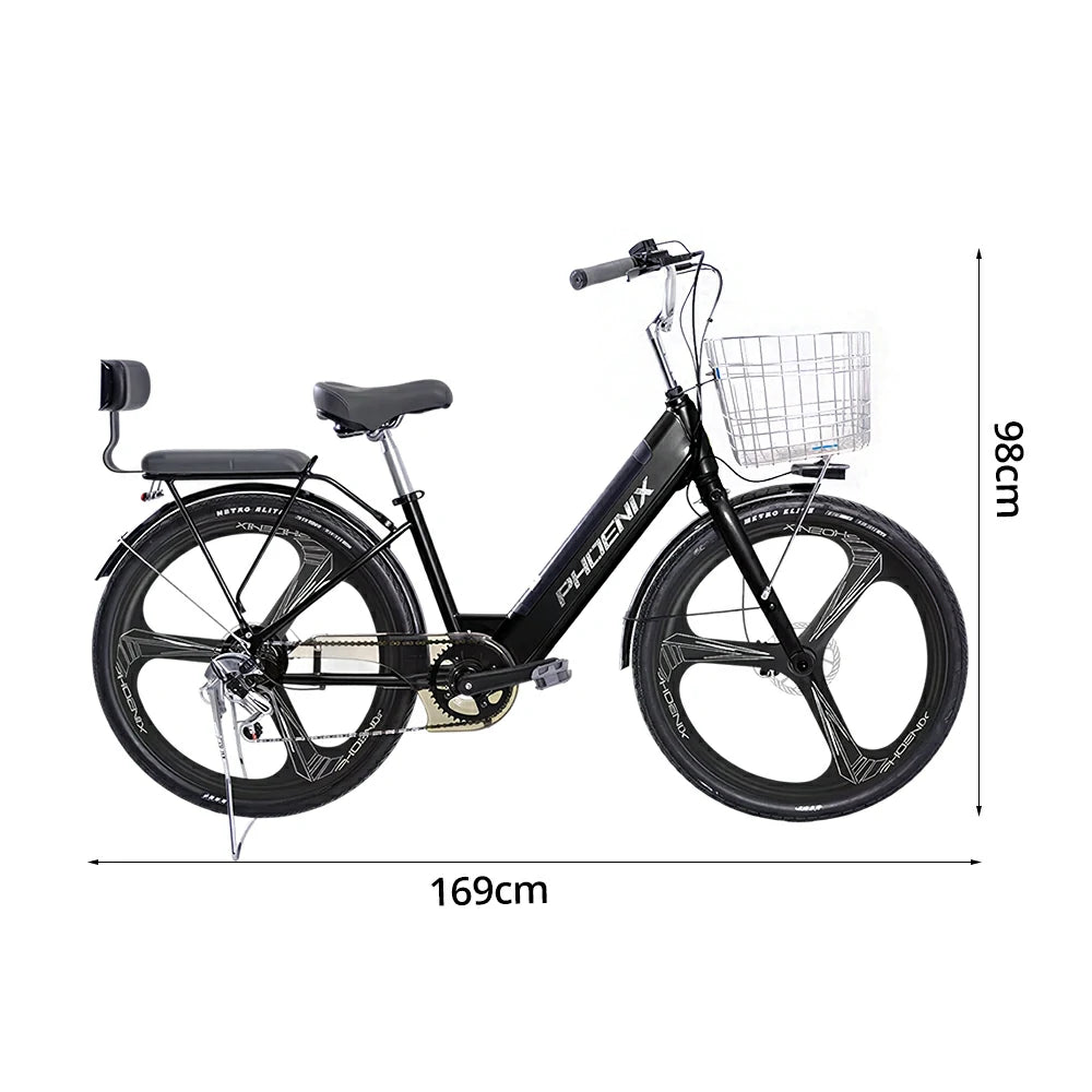 VOLTUS 26-Inch Electric Bike, 48V400W Motor, Shimano 7-Speed Gears, High Carbon Steel Frame, One-Piece Wheels, Removable Mid Battery with Rear Seat - Black