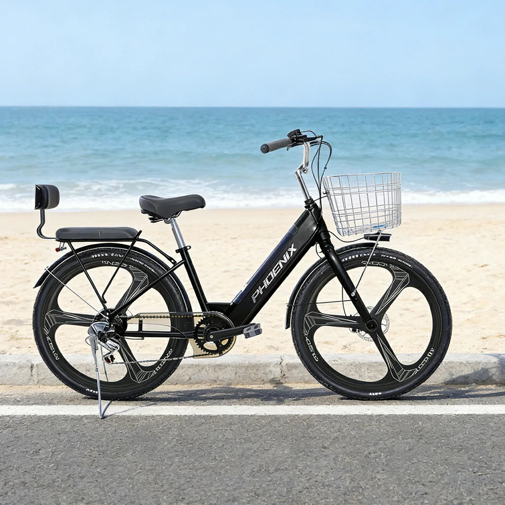 VOLTUS 26-Inch Electric Bike, 48V400W Motor, Shimano 7-Speed Gears, High Carbon Steel Frame, One-Piece Wheels, Removable Mid Battery with Rear Seat - Black