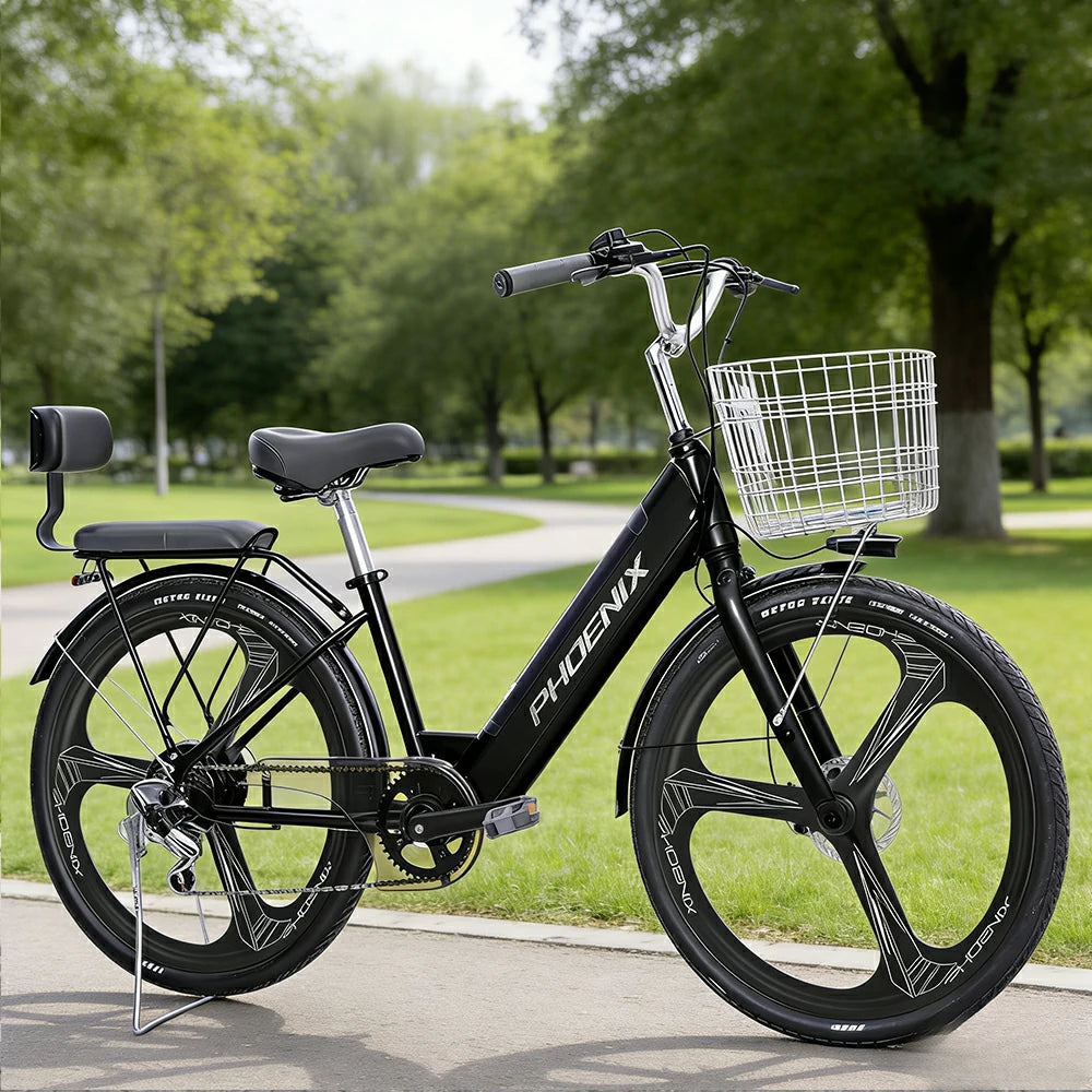 VOLTUS 26-Inch Electric Bike, 48V400W Motor, Shimano 7-Speed Gears, High Carbon Steel Frame, One-Piece Wheels, Removable Mid Battery with Rear Seat - Black