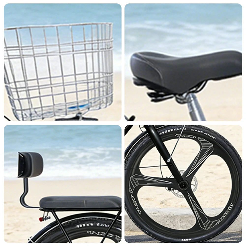 VOLTUS 26-Inch Electric Bike, 48V400W Motor, Shimano 7-Speed Gears, High Carbon Steel Frame, One-Piece Wheels, Removable Mid Battery with Rear Seat - Black