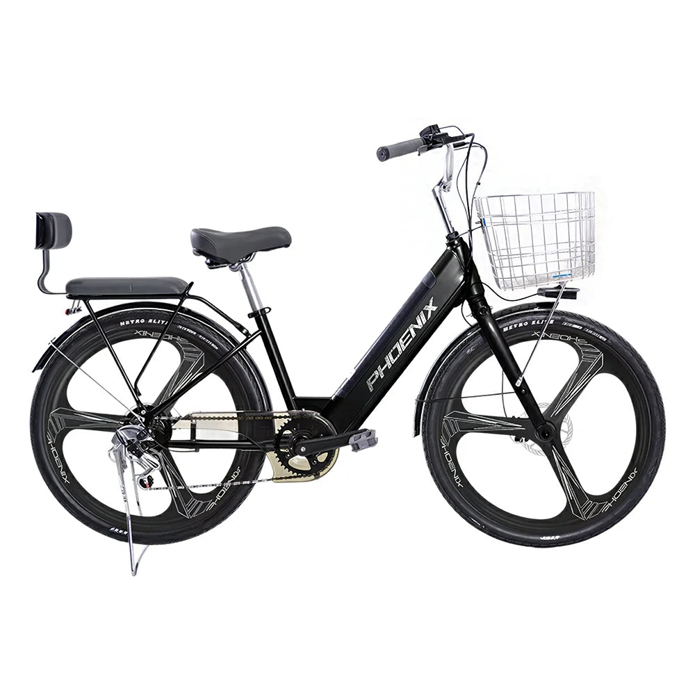 VOLTUS 26-Inch Electric Bike, 48V400W Motor, Shimano 7-Speed Gears, High Carbon Steel Frame, One-Piece Wheels, Removable Mid Battery with Rear Seat - Black
