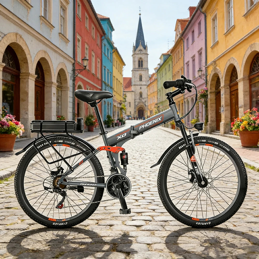 VOLTUS 26-Inch Folding Electric Bike, 48V400W Motor, 21-Speed Gears, High Carbon Steel Frame, Rear Rack Battery, Dual Suspension, Spoked Wheels