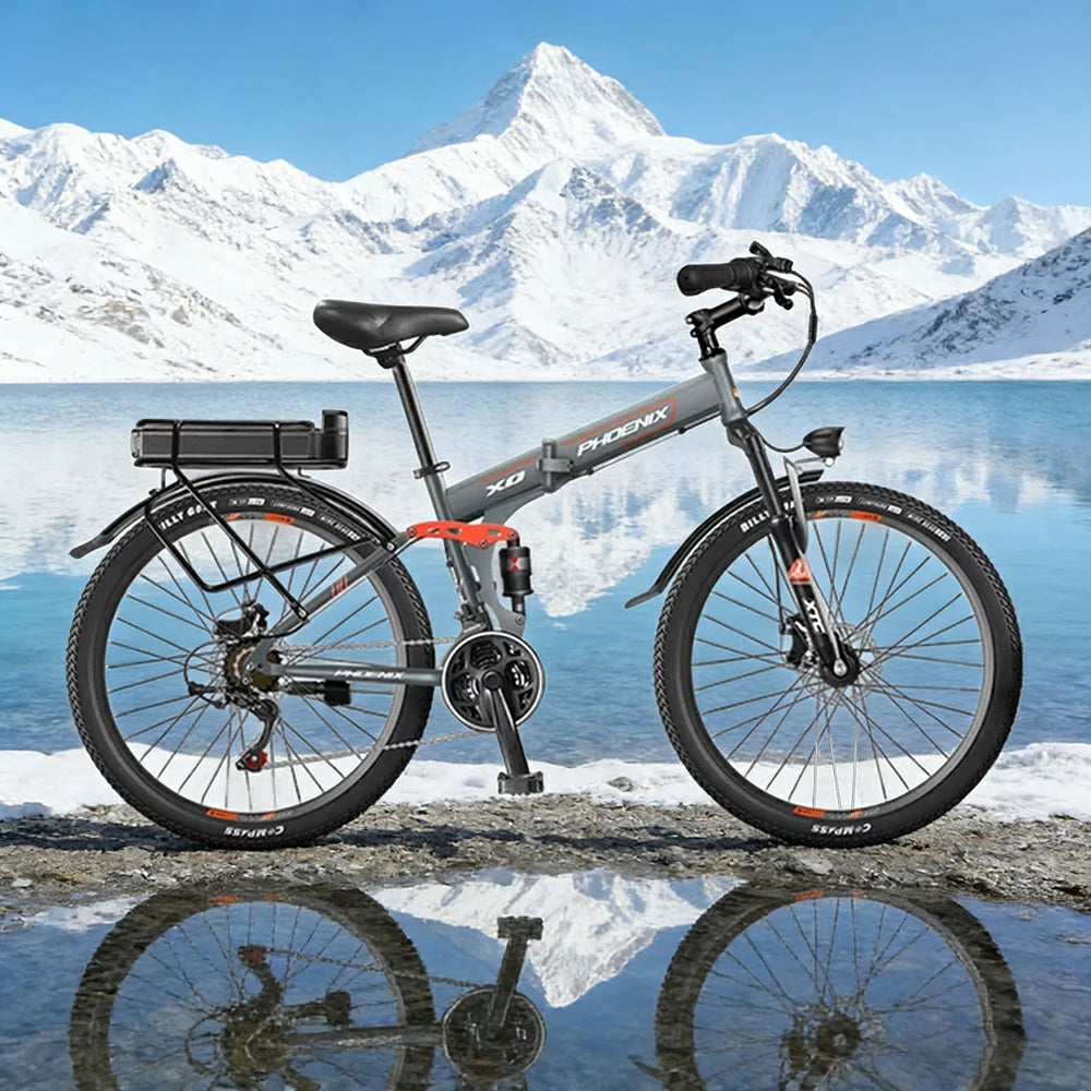 VOLTUS 26-Inch Folding Electric Bike, 48V400W Motor, 21-Speed Gears, High Carbon Steel Frame, Rear Rack Battery, Dual Suspension, Spoked Wheels