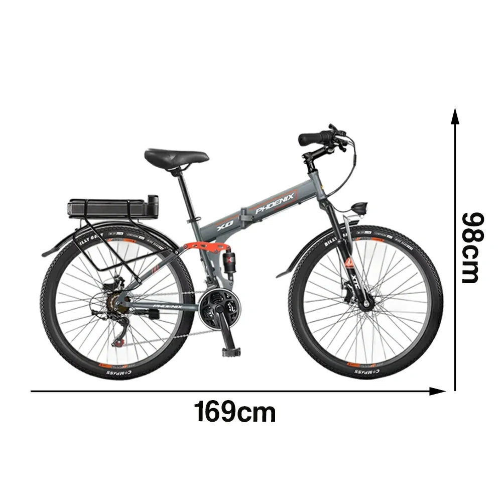 VOLTUS 26-Inch Folding Electric Bike, 48V400W Motor, 21-Speed Gears, High Carbon Steel Frame, Rear Rack Battery, Dual Suspension, Spoked Wheels