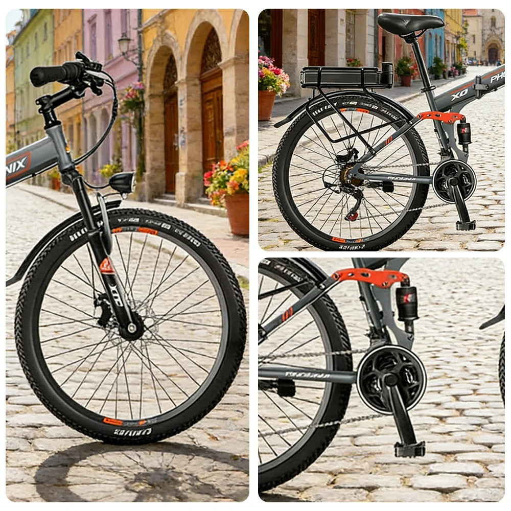 VOLTUS 26-Inch Folding Electric Bike, 48V400W Motor, 21-Speed Gears, High Carbon Steel Frame, Rear Rack Battery, Dual Suspension, Spoked Wheels