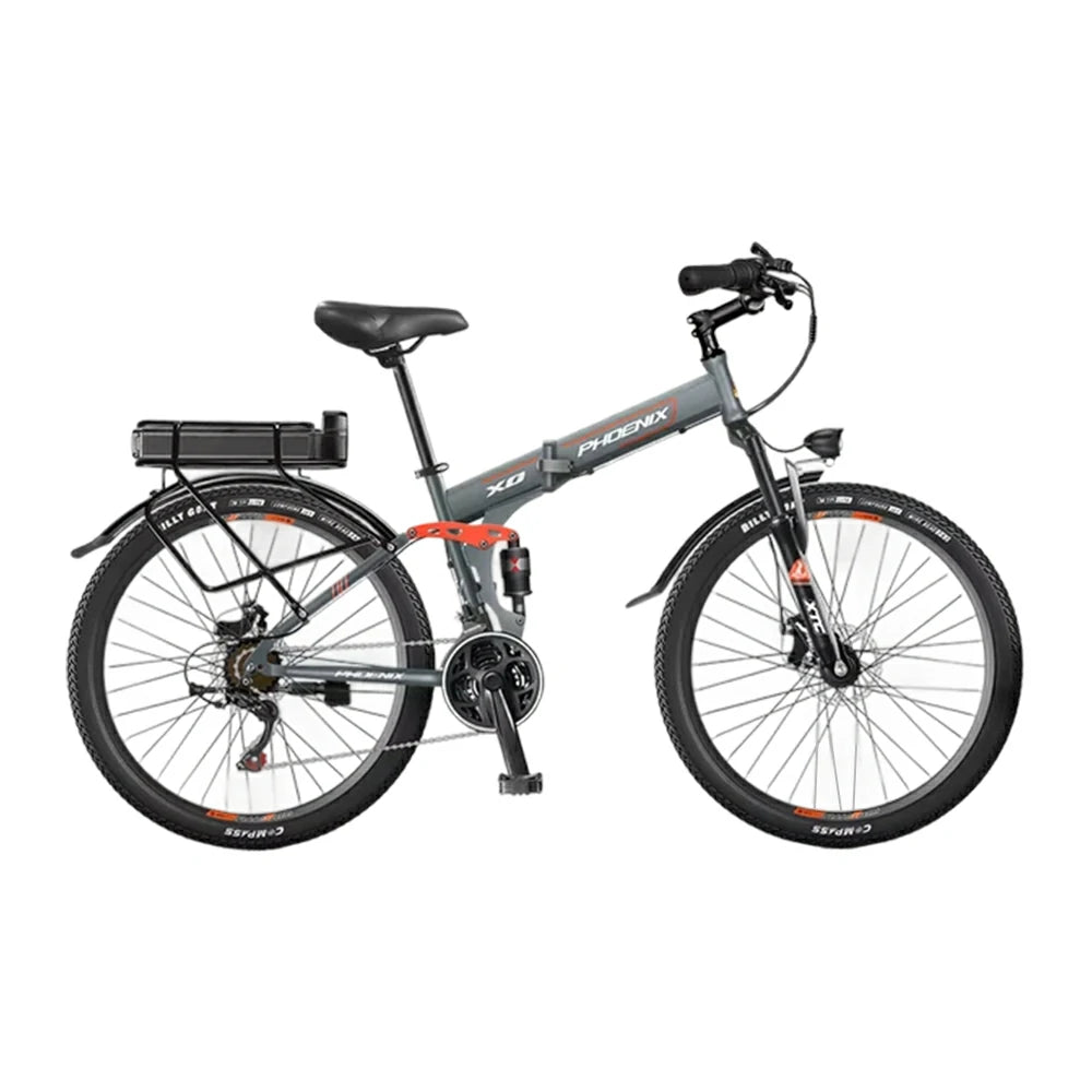 VOLTUS 26-Inch Folding Electric Bike, 48V400W Motor, 21-Speed Gears, High Carbon Steel Frame, Rear Rack Battery, Dual Suspension, Spoked Wheels