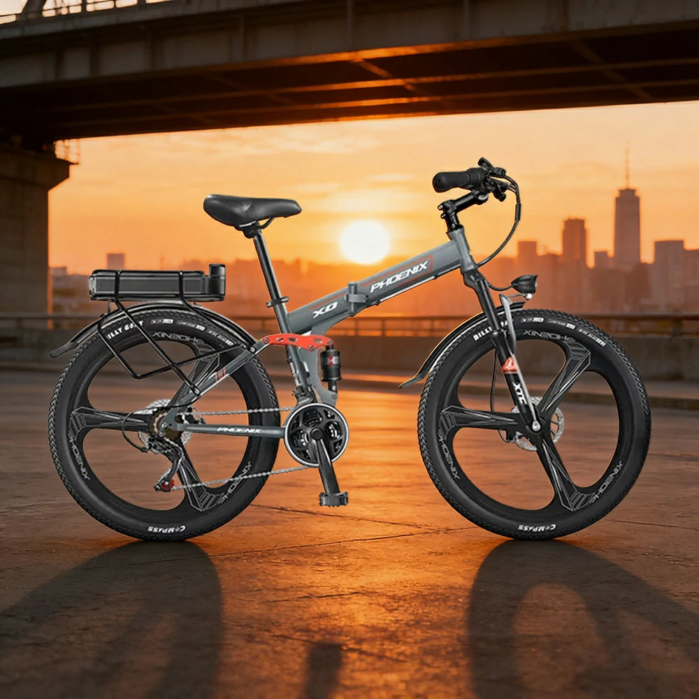 VOLTUS 26-Inch Folding Electric Bike, 48V400W Motor, 21-Speed Gears, High Carbon Steel Frame, Rear Rack Battery, Dual Suspension, One-Piece Wheels