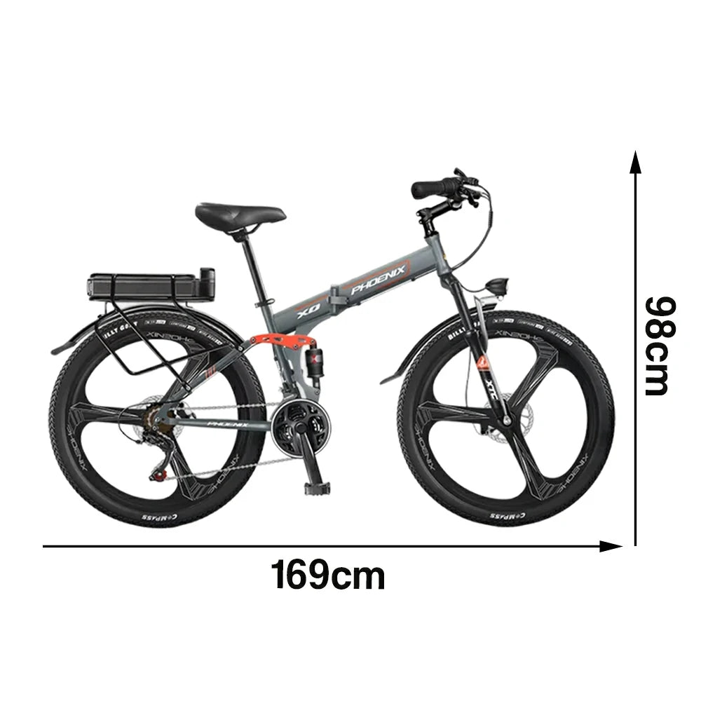 VOLTUS 26-Inch Folding Electric Bike, 48V400W Motor, 21-Speed Gears, High Carbon Steel Frame, Rear Rack Battery, Dual Suspension, One-Piece Wheels