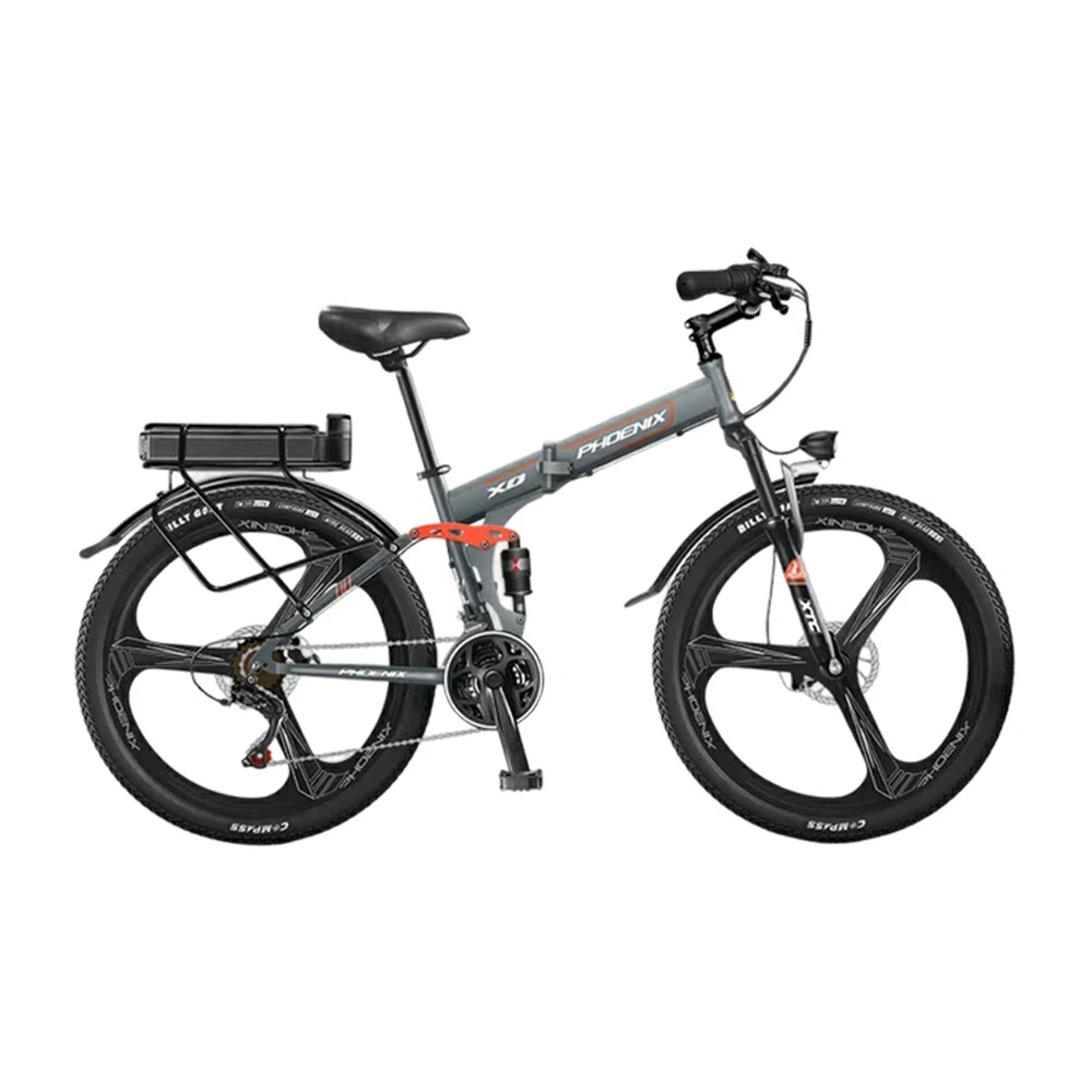 VOLTUS 26-Inch Folding Electric Bike, 48V400W Motor, 21-Speed Gears, High Carbon Steel Frame, Rear Rack Battery, Dual Suspension, One-Piece Wheels