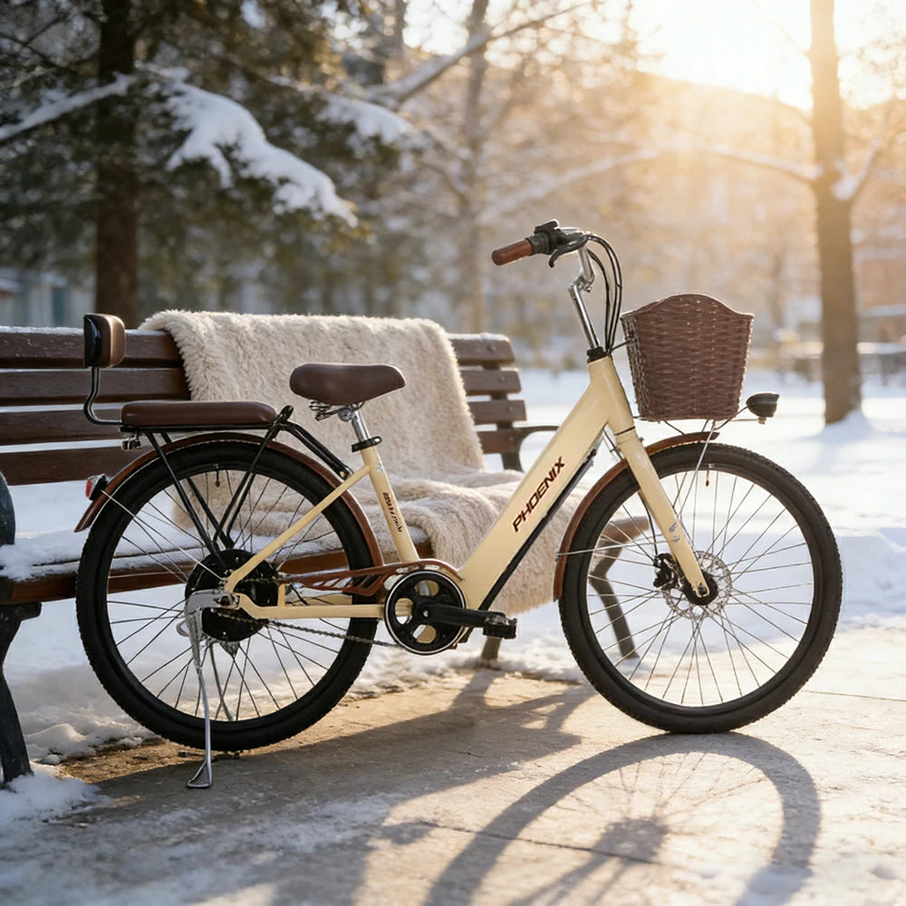 VOLTUS 26-Inch Electric Bike, 36V350W Motor, Dual Disc Brakes, High Carbon Steel Frame, Large Front Basket - Beige