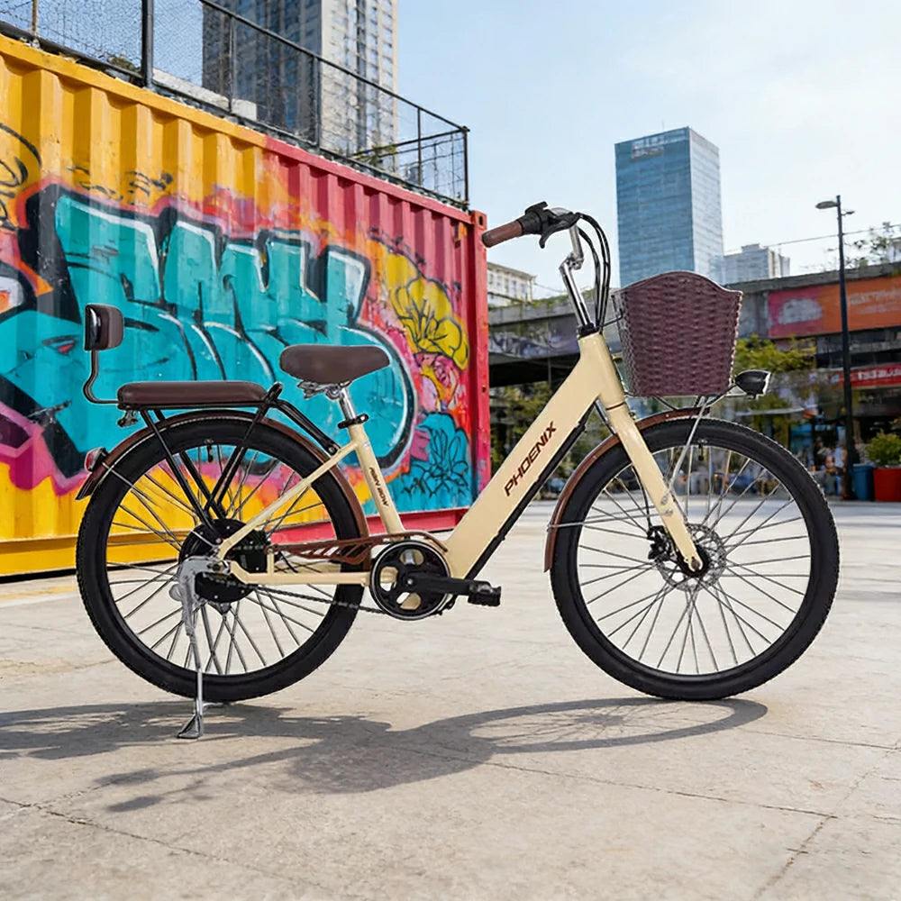 VOLTUS 26-Inch Electric Bike, 36V350W Motor, Dual Disc Brakes, High Carbon Steel Frame, Large Front Basket - Beige