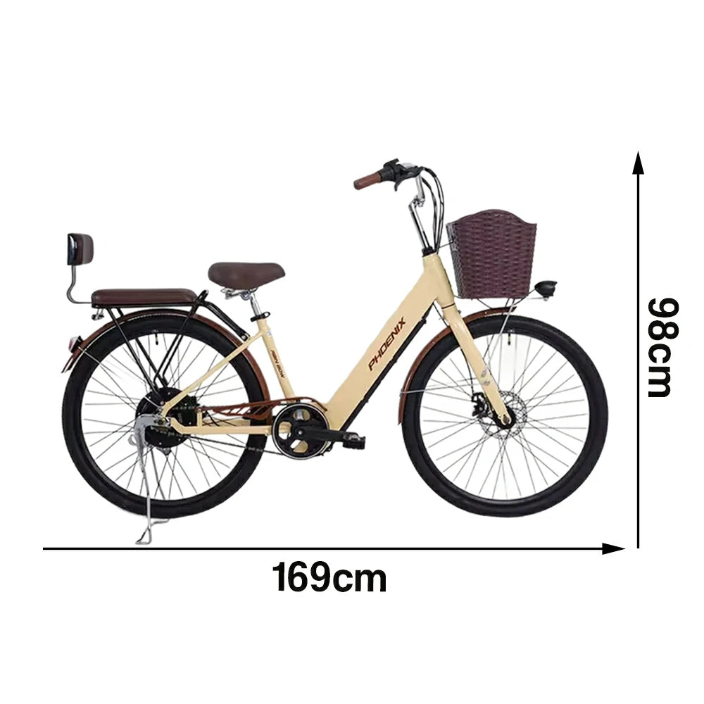 VOLTUS 26-Inch Electric Bike, 36V350W Motor, Dual Disc Brakes, High Carbon Steel Frame, Large Front Basket - Beige
