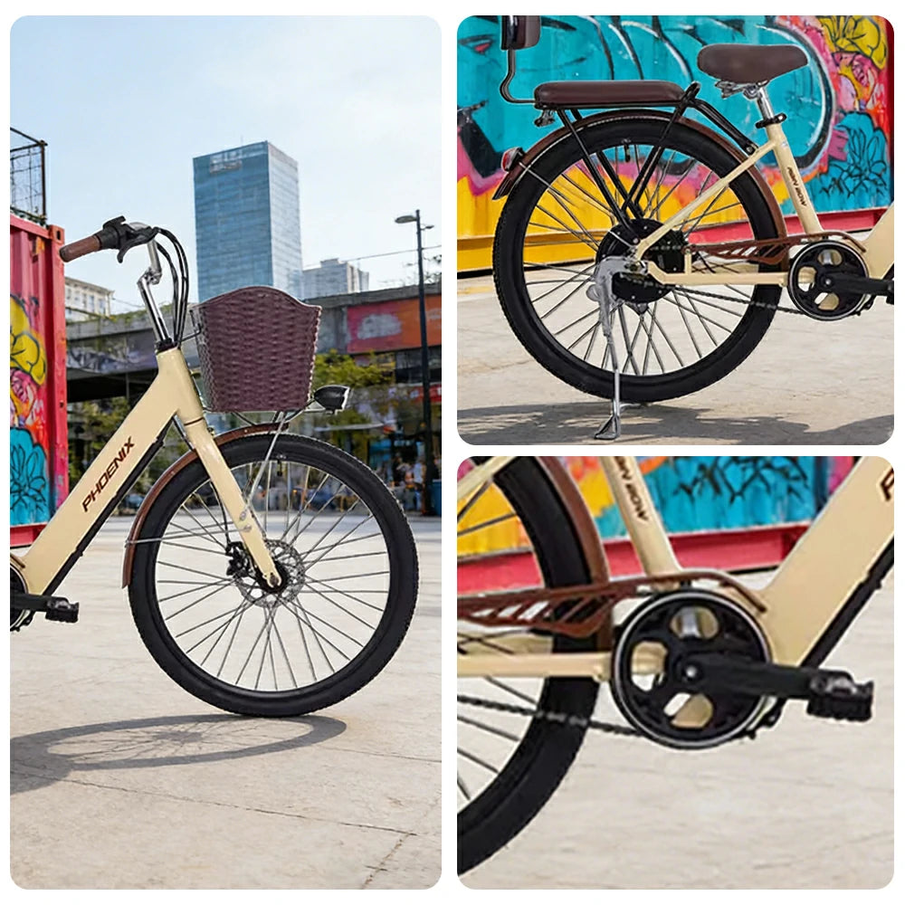 VOLTUS 26-Inch Electric Bike, 36V350W Motor, Dual Disc Brakes, High Carbon Steel Frame, Large Front Basket - Beige