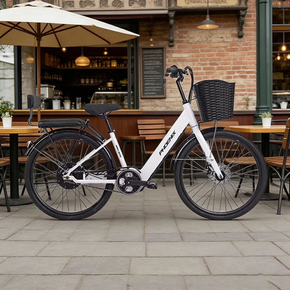 VOLTUS 26-Inch Electric Bike, 36V350W Motor, Dual Disc Brakes, High Carbon Steel Frame, Large Front Basket - White