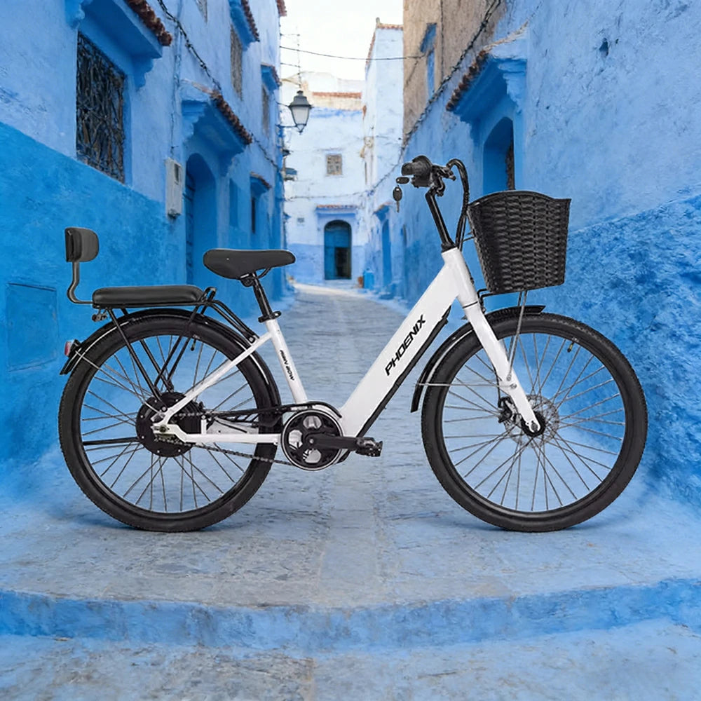 VOLTUS 26-Inch Electric Bike, 36V350W Motor, Dual Disc Brakes, High Carbon Steel Frame, Large Front Basket - White