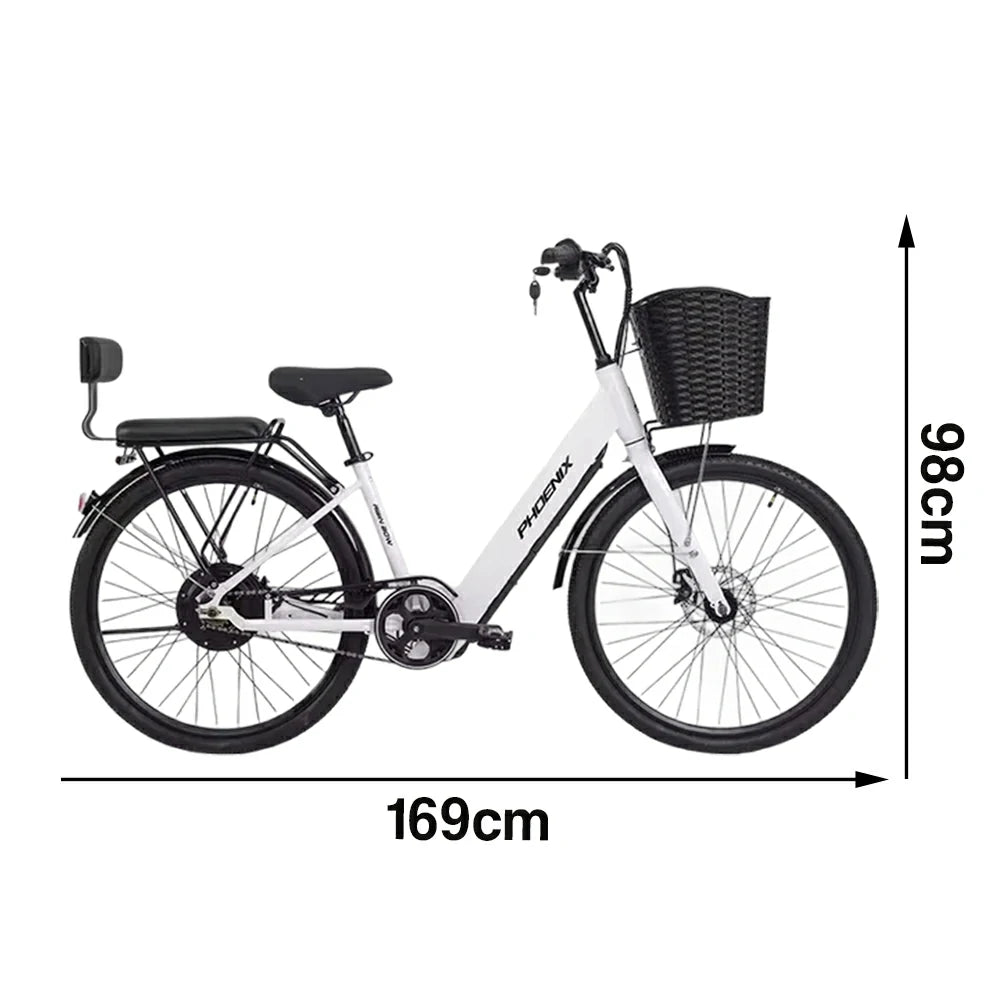 VOLTUS 26-Inch Electric Bike, 36V350W Motor, Dual Disc Brakes, High Carbon Steel Frame, Large Front Basket - White