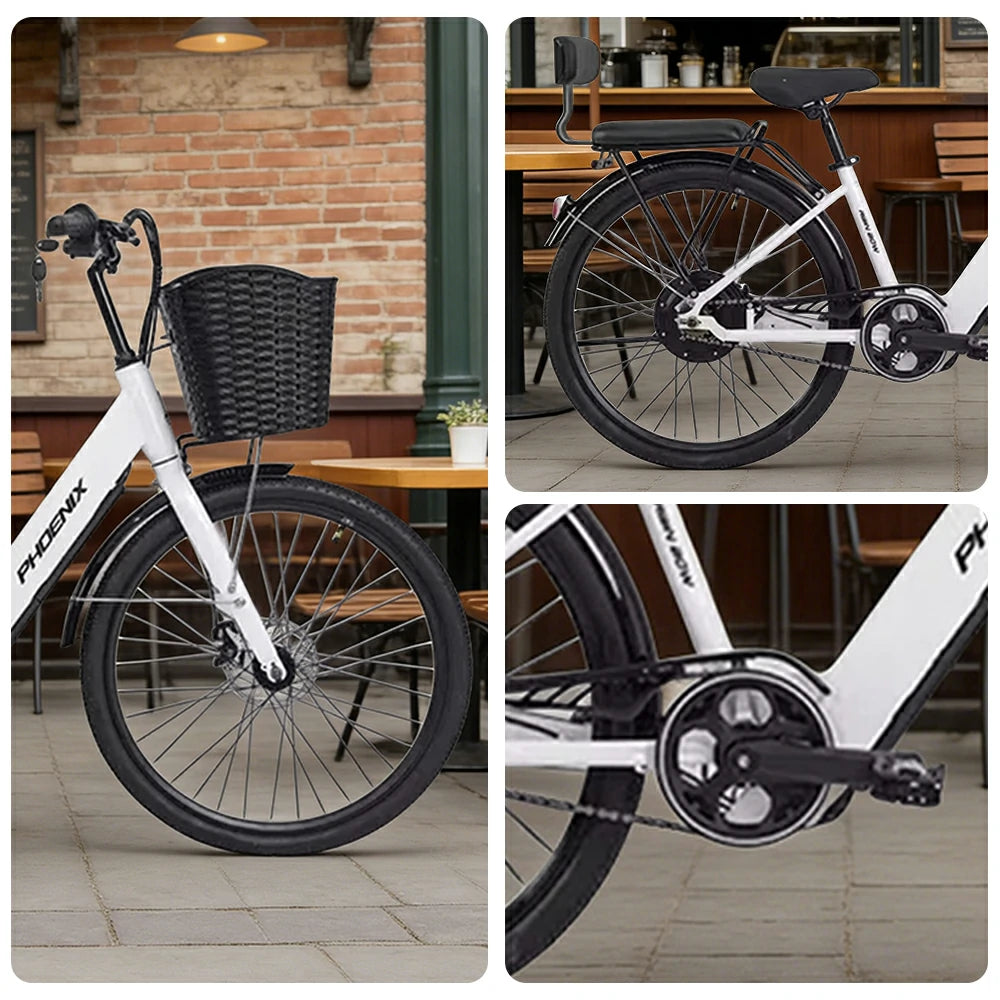 VOLTUS 26-Inch Electric Bike, 36V350W Motor, Dual Disc Brakes, High Carbon Steel Frame, Large Front Basket - White