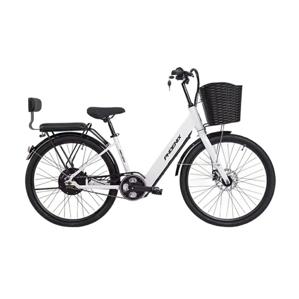 VOLTUS 26-Inch Electric Bike, 36V350W Motor, Dual Disc Brakes, High Carbon Steel Frame, Large Front Basket - White