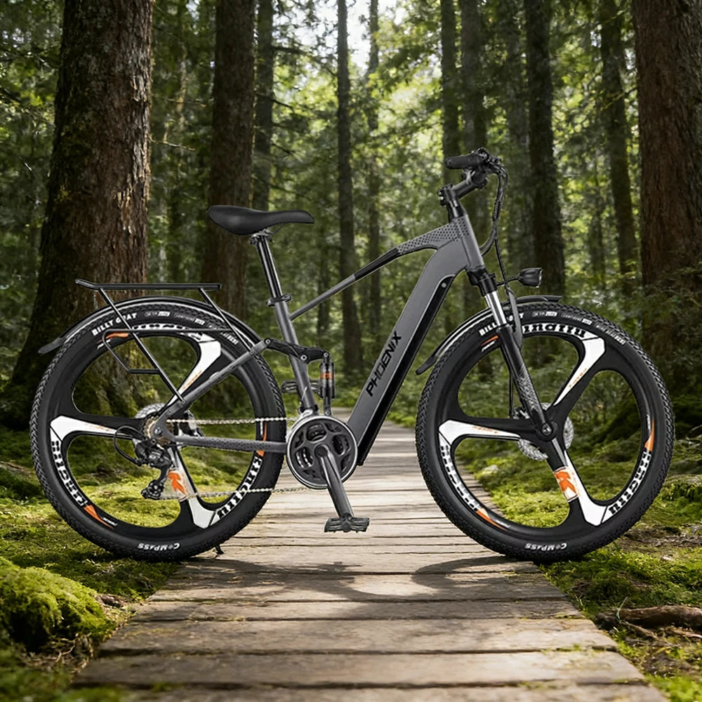 VOLTUS 26-Inch Electric Bike, 48V400W Motor, Shimano 21-Speed Gears, Aluminium Alloy Frame, Smart LCD Display, Dual Suspension, Three-Spoke Wheels - Grey