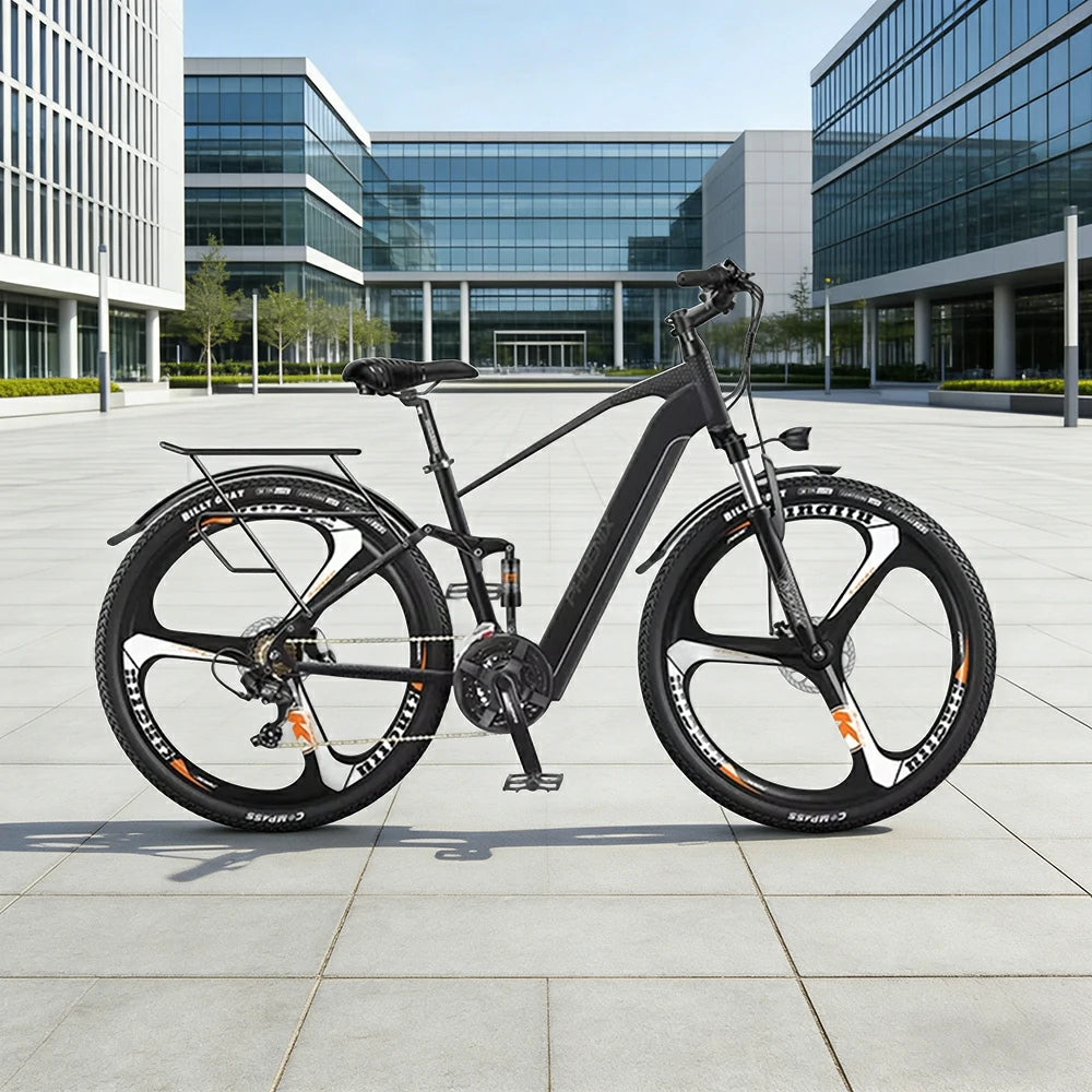 VOLTUS 26-Inch Electric Bike, 48V400W Motor, Shimano 21-Speed Gears, Aluminium Alloy Frame, Smart LCD Display, Dual Suspension, Three-Spoke Wheels - Black