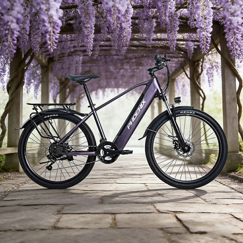 VOLTUS 26-Inch Electric Bike, 36V350W Motor, Shimano 21-Speed Gears, High Carbon Steel Frame, Removable Mid Battery, 80kg Rear Rack - Purple