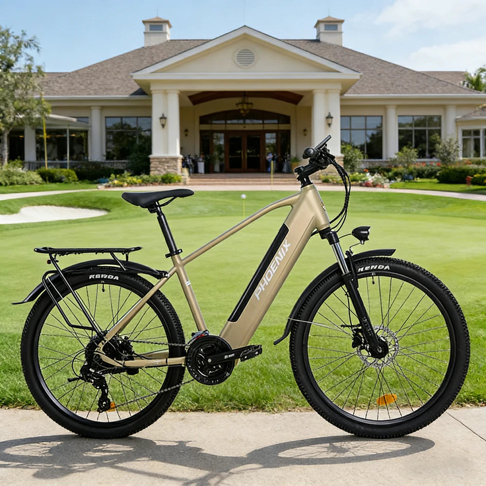 VOLTUS 26-Inch Electric Bike, 36V350W Motor, Shimano 21-Speed Gears, High Carbon Steel Frame, Removable Mid Battery, 80kg Rear Rack - Gold