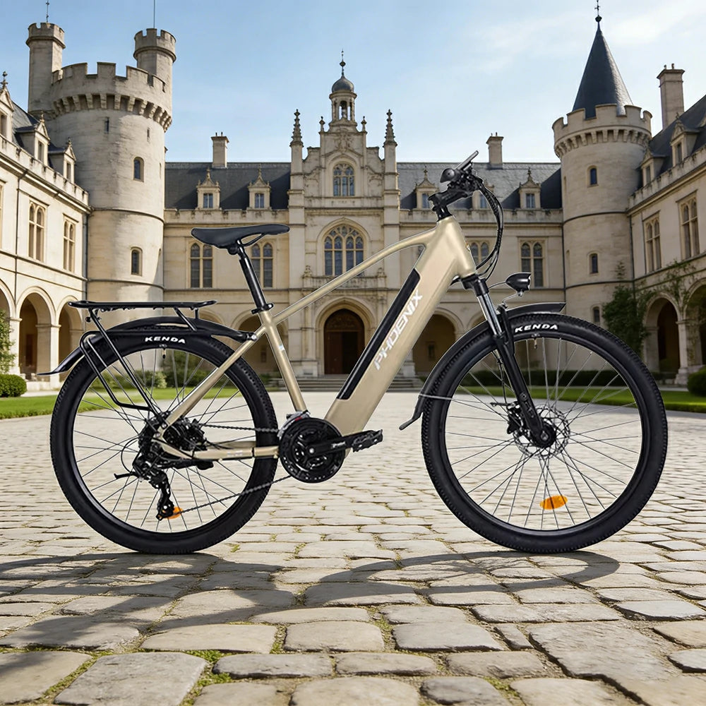 VOLTUS 26-Inch Electric Bike, 36V350W Motor, Shimano 21-Speed Gears, High Carbon Steel Frame, Removable Mid Battery, 80kg Rear Rack - Gold