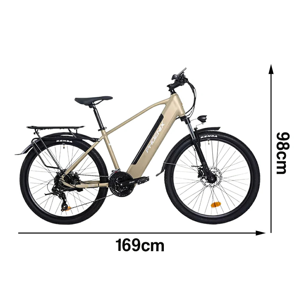 VOLTUS 26-Inch Electric Bike, 36V350W Motor, Shimano 21-Speed Gears, High Carbon Steel Frame, Removable Mid Battery, 80kg Rear Rack - Gold