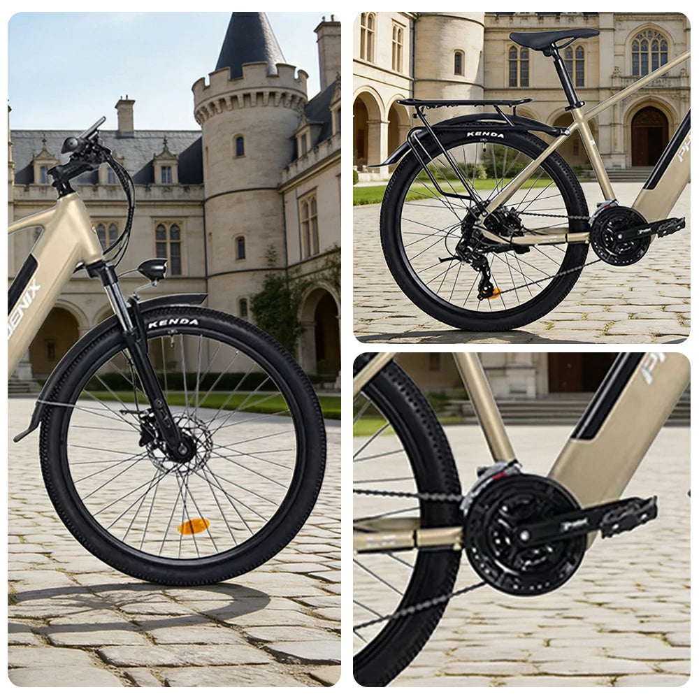 VOLTUS 26-Inch Electric Bike, 36V350W Motor, Shimano 21-Speed Gears, High Carbon Steel Frame, Removable Mid Battery, 80kg Rear Rack - Gold