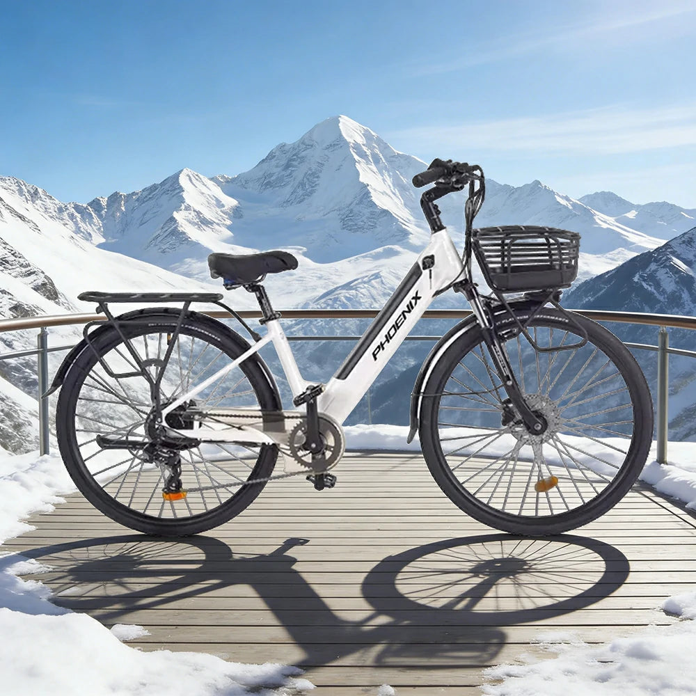 VOLTUS 26-Inch Electric Bike, 48V400W Rear Motor, 5-Level Assist, Shimano 7-Speed Gears, Aluminium Alloy Frame, Removable Battery - White