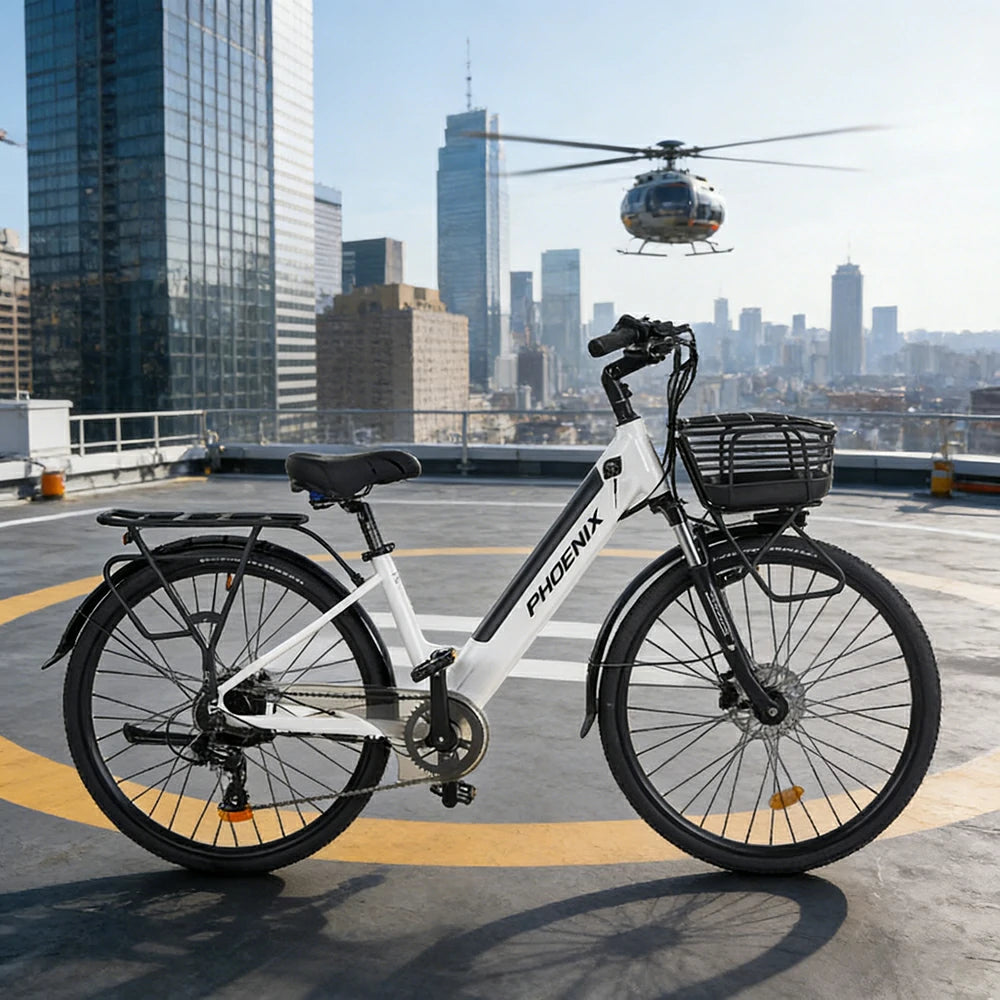 VOLTUS 26-Inch Electric Bike, 48V400W Rear Motor, 5-Level Assist, Shimano 7-Speed Gears, Aluminium Alloy Frame, Removable Battery - White