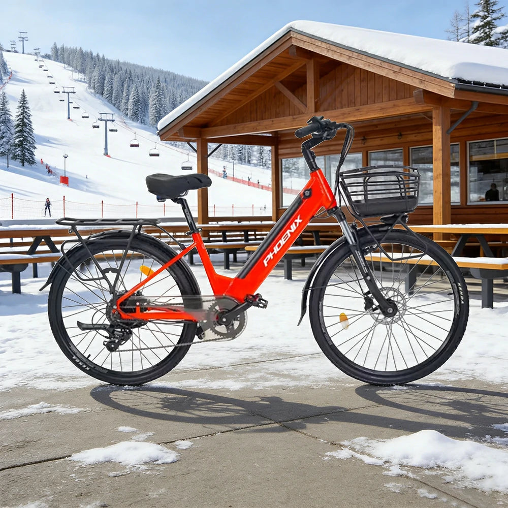 VOLTUS 26-Inch Electric Bike, 48V400W Rear Motor, 5-Level Assist, Shimano 7-Speed Gears, Aluminium Alloy Frame, Removable Battery - Red