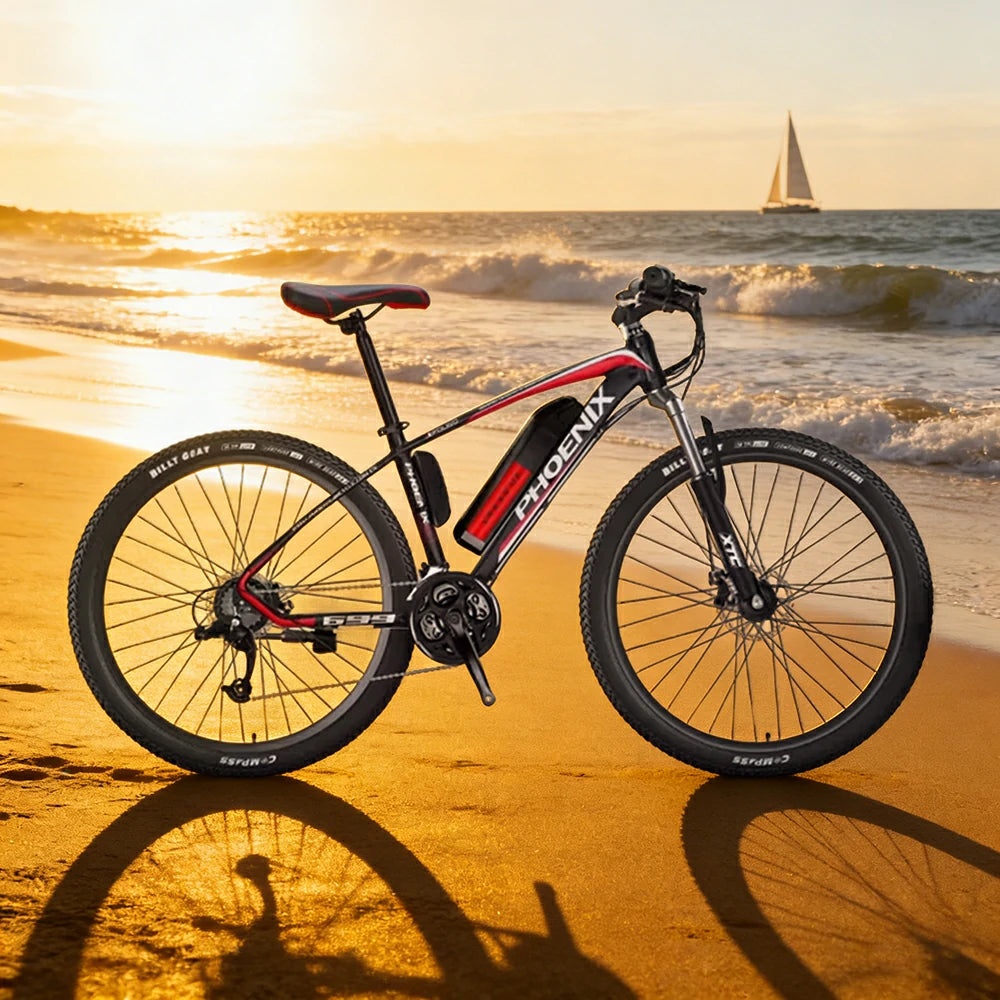 VOLTUS 26-Inch Electric Mountain Bike, 350W Brushless Motor, 21-Speed Gears, Aluminium Alloy Frame, Removable Battery, Spoked Wheels - Black&Red
