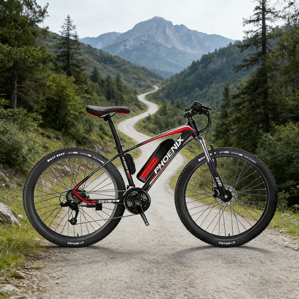 VOLTUS 26-Inch Electric Mountain Bike, 350W Brushless Motor, 21-Speed Gears, Aluminium Alloy Frame, Removable Battery, Spoked Wheels - Black&Red