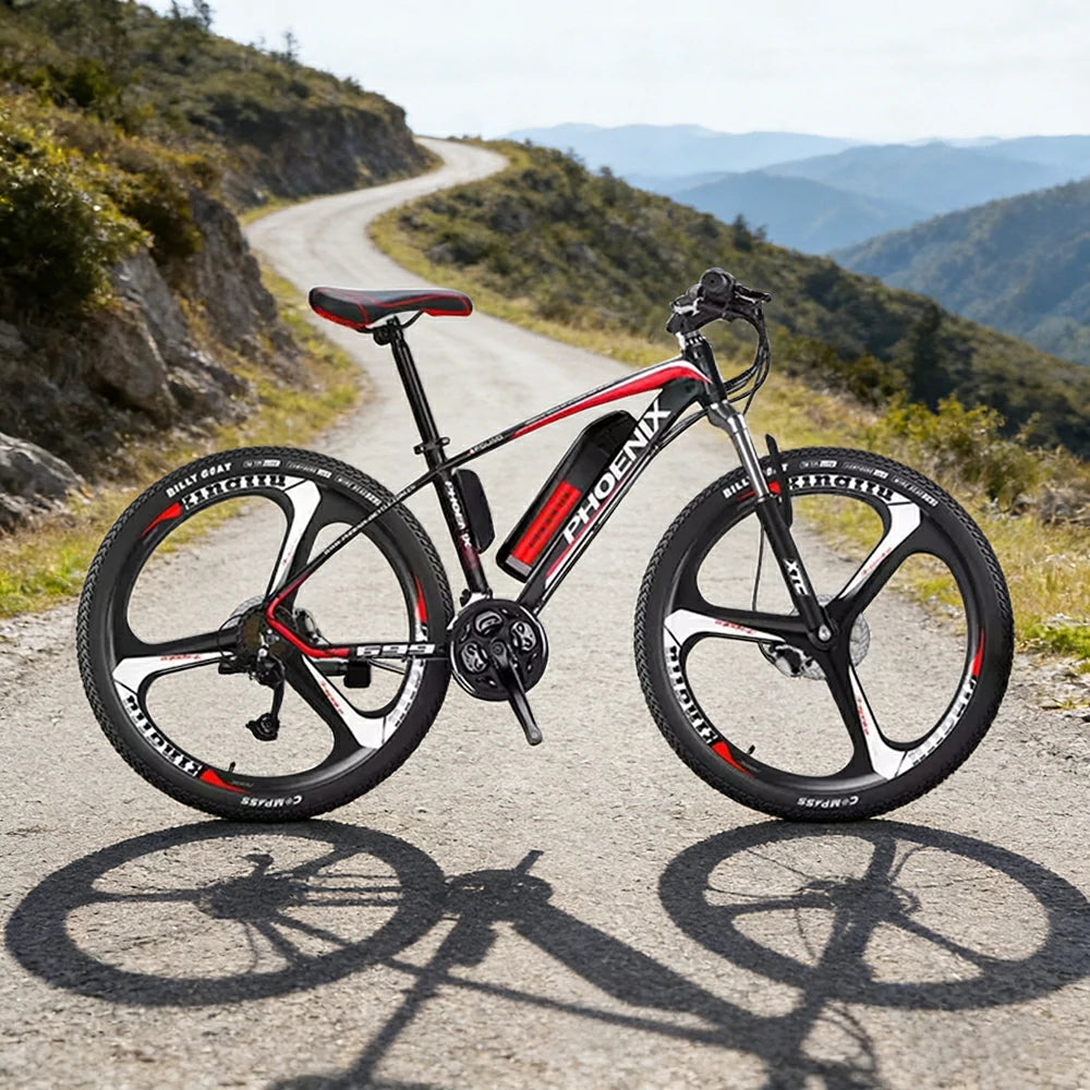 VOLTUS 26-Inch Electric Mountain Bike, 350W Brushless Motor, 21-Speed Gears, Aluminium Alloy Frame, Removable Battery, One-Piece Wheels - Black&Red