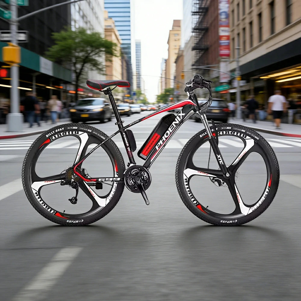 VOLTUS 26-Inch Electric Mountain Bike, 350W Brushless Motor, 21-Speed Gears, Aluminium Alloy Frame, Removable Battery, One-Piece Wheels - Black&Red