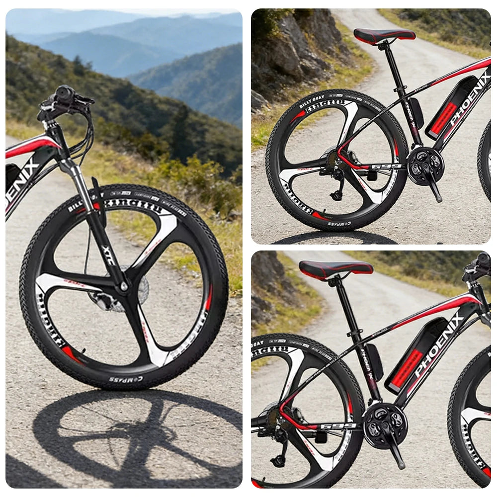 VOLTUS 26-Inch Electric Mountain Bike, 350W Brushless Motor, 21-Speed Gears, Aluminium Alloy Frame, Removable Battery, One-Piece Wheels - Black&Red