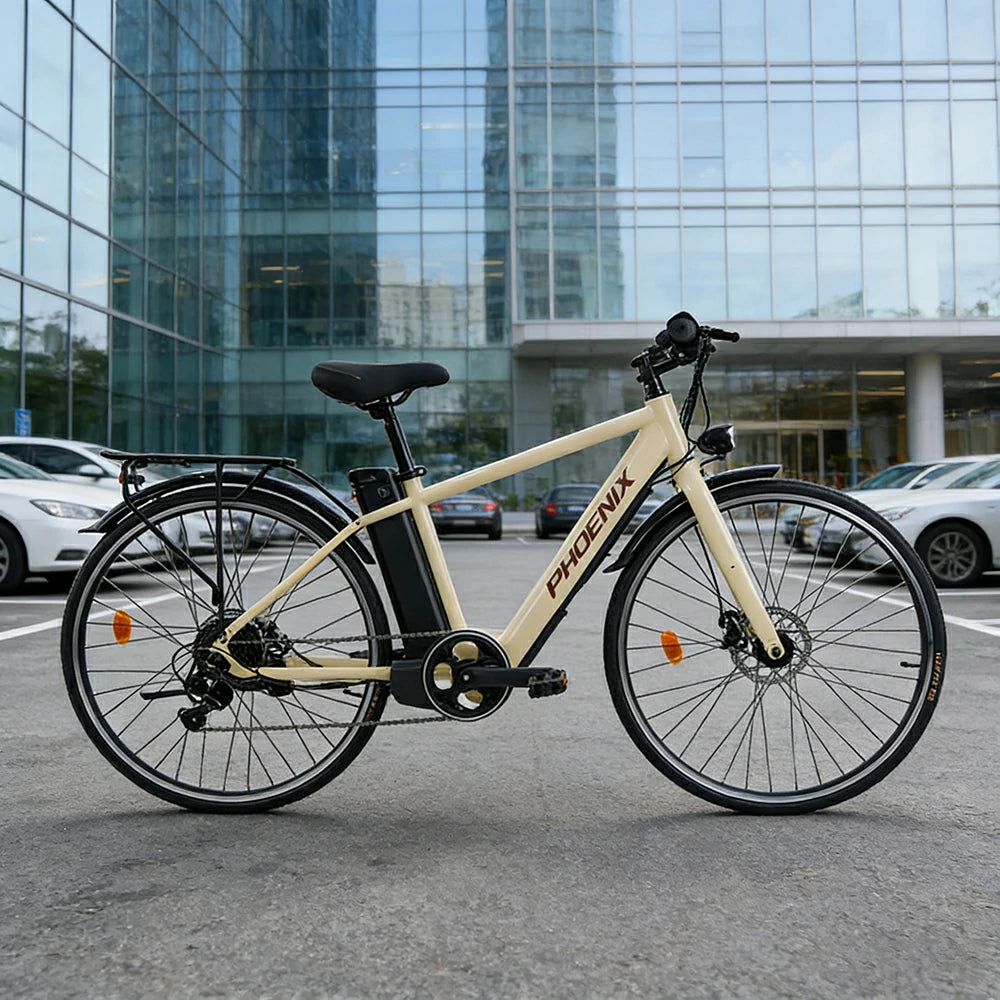 VOLTUS 700C Electric Road Bike, 36V350W Brushless Motor, Shimano 7-Speed Gears, High Carbon Steel Frame, Urban Commuter Design - Beige