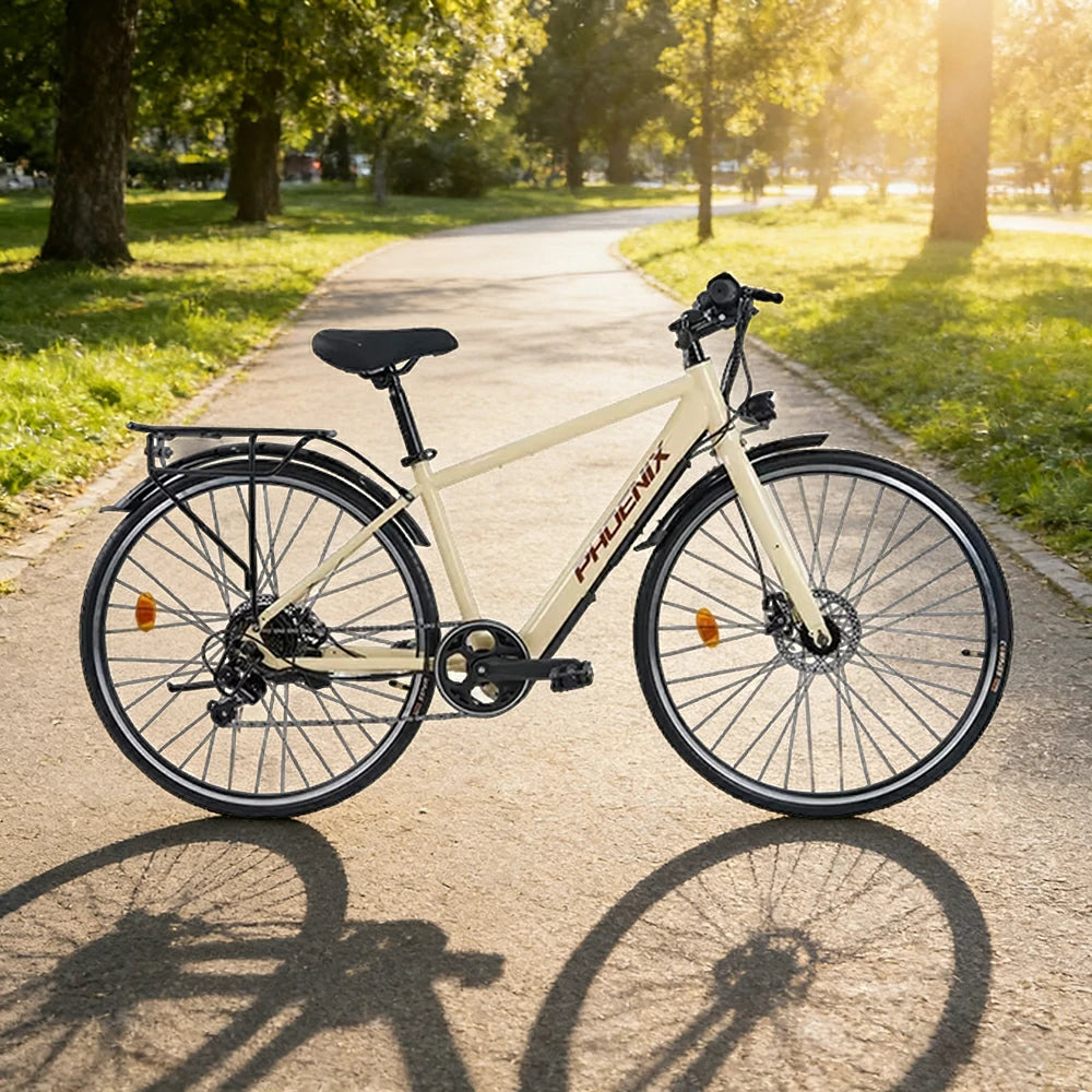 VOLTUS 700C Electric Road Bike, 36V350W Brushless Motor, Shimano 7-Speed Gears, High Carbon Steel Frame, Urban Commuter Design - Beige