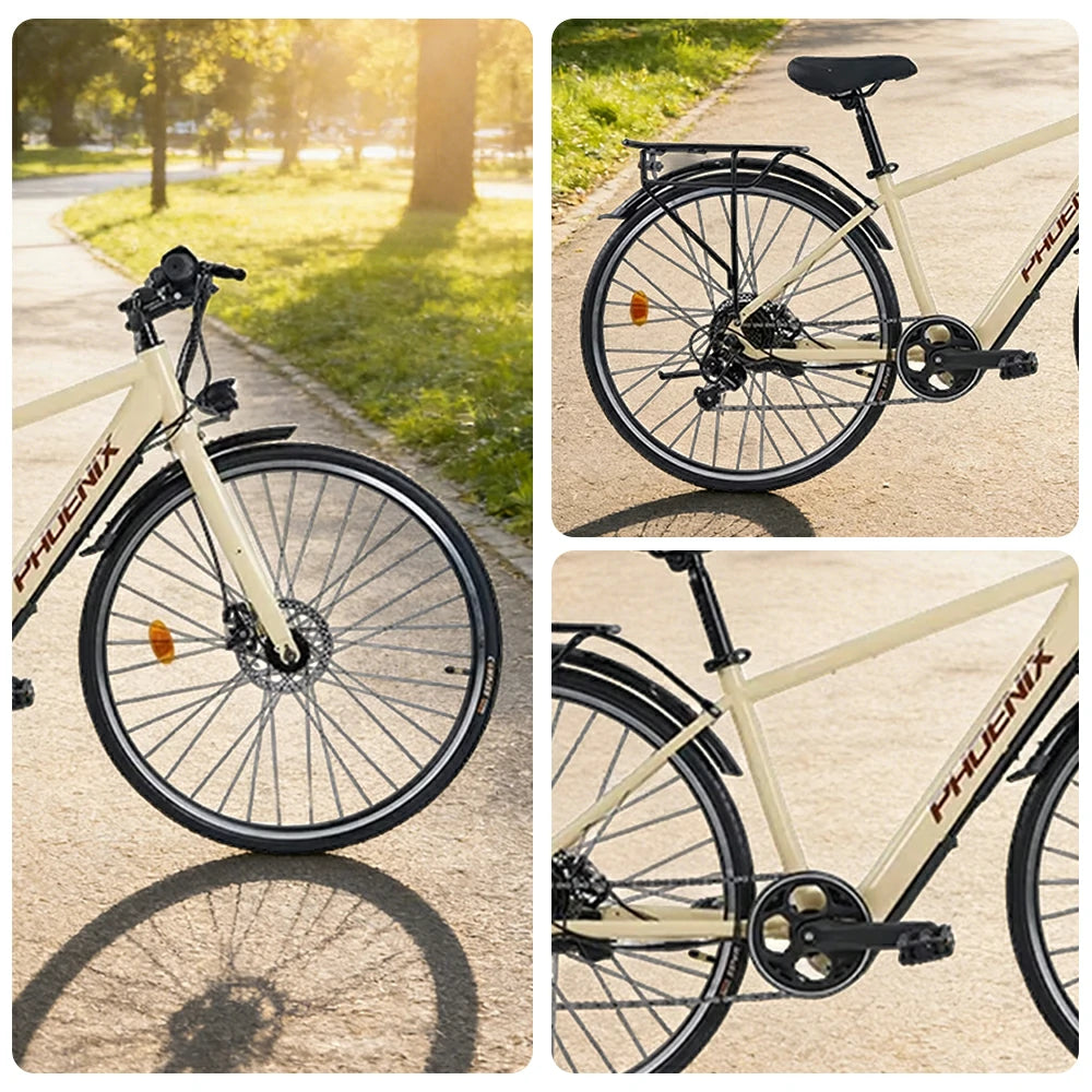 VOLTUS 700C Electric Road Bike, 36V350W Brushless Motor, Shimano 7-Speed Gears, High Carbon Steel Frame, Urban Commuter Design - Beige