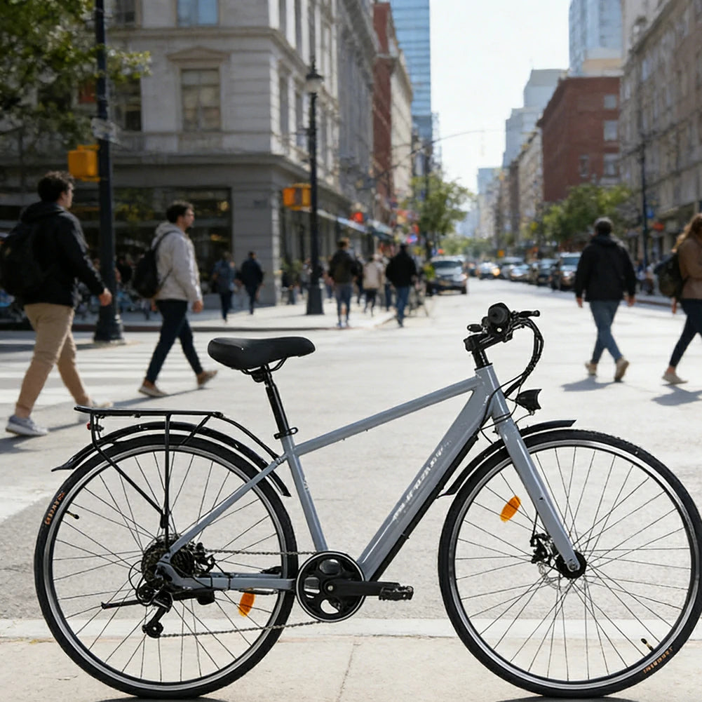 VOLTUS 700C Electric Road Bike, 36V350W Brushless Motor, Shimano 7-Speed Gears, High Carbon Steel Frame, Urban Commuter Design - Silver