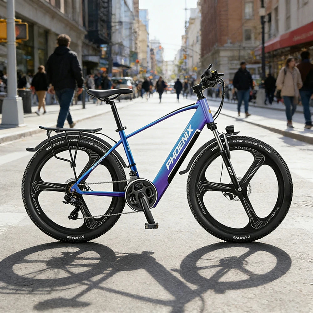 VOLTUS 26-Inch Electric Bike, 48V400W Brushless Motor, 21-Speed Gears, Aluminium Alloy Frame, Hidden Waterproof Battery, One-Piece Wheels - Blue&Purple