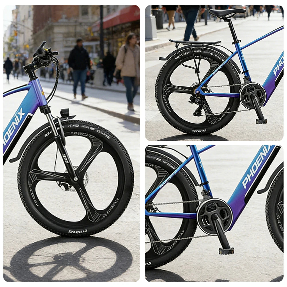 VOLTUS 26-Inch Electric Bike, 48V400W Brushless Motor, 21-Speed Gears, Aluminium Alloy Frame, Hidden Waterproof Battery, One-Piece Wheels - Blue&Purple