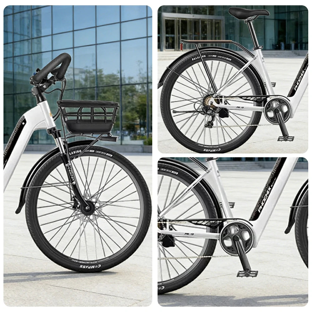 VOLTUS 700C Electric Road Bike, 48V400W Brushless Motor, Shimano 7-Speed Gears, Aluminium Alloy Frame, Hidden Battery, Spoked Wheels - Black&White